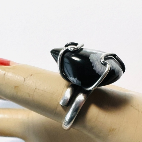Snowflake Obsidian Statement Ring - 1" Teardrop - Adjustable -Vintage - Picture 10 of 11